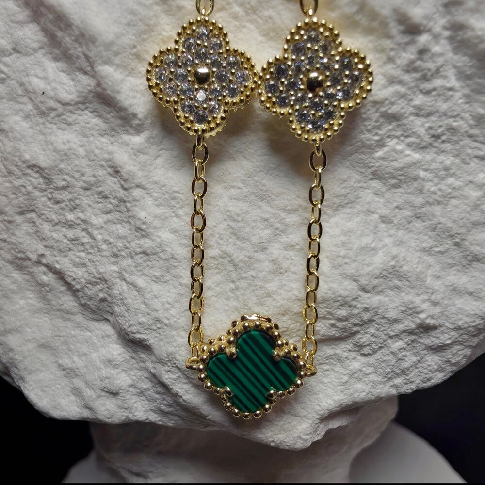 7+1" Green Malachite Alternating Clover Bracelet Gold Plated 925 Sterling Silver